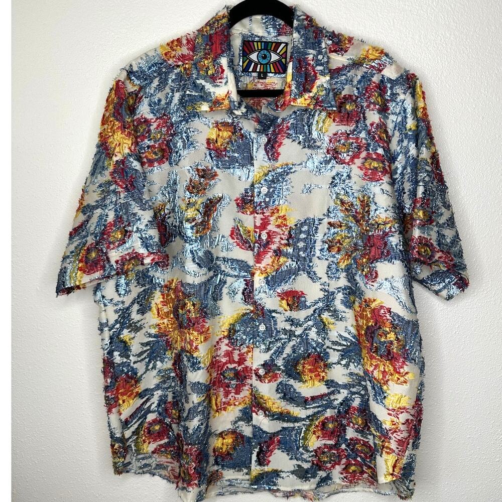 Libertine Cream Red Blue Gold Metallic Embroidered Button  Short Sleeve Shirt L - Picture 4 of 12